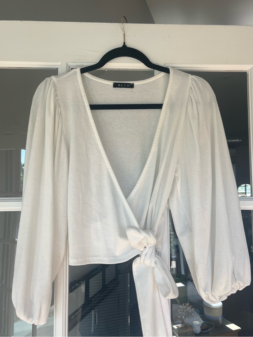 BLVD Cream Wrap Tie Blouse with Balloon Sleeves